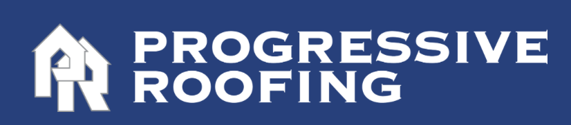 Logo for Progressive Roofing with stylized house icon and company name in blue and white.