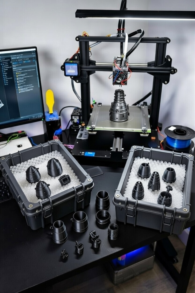 A 3D printer working on creating a black, conical object, with various black printed parts laid out on a table and storage containers, in a workspace with a monitor and technical tools.