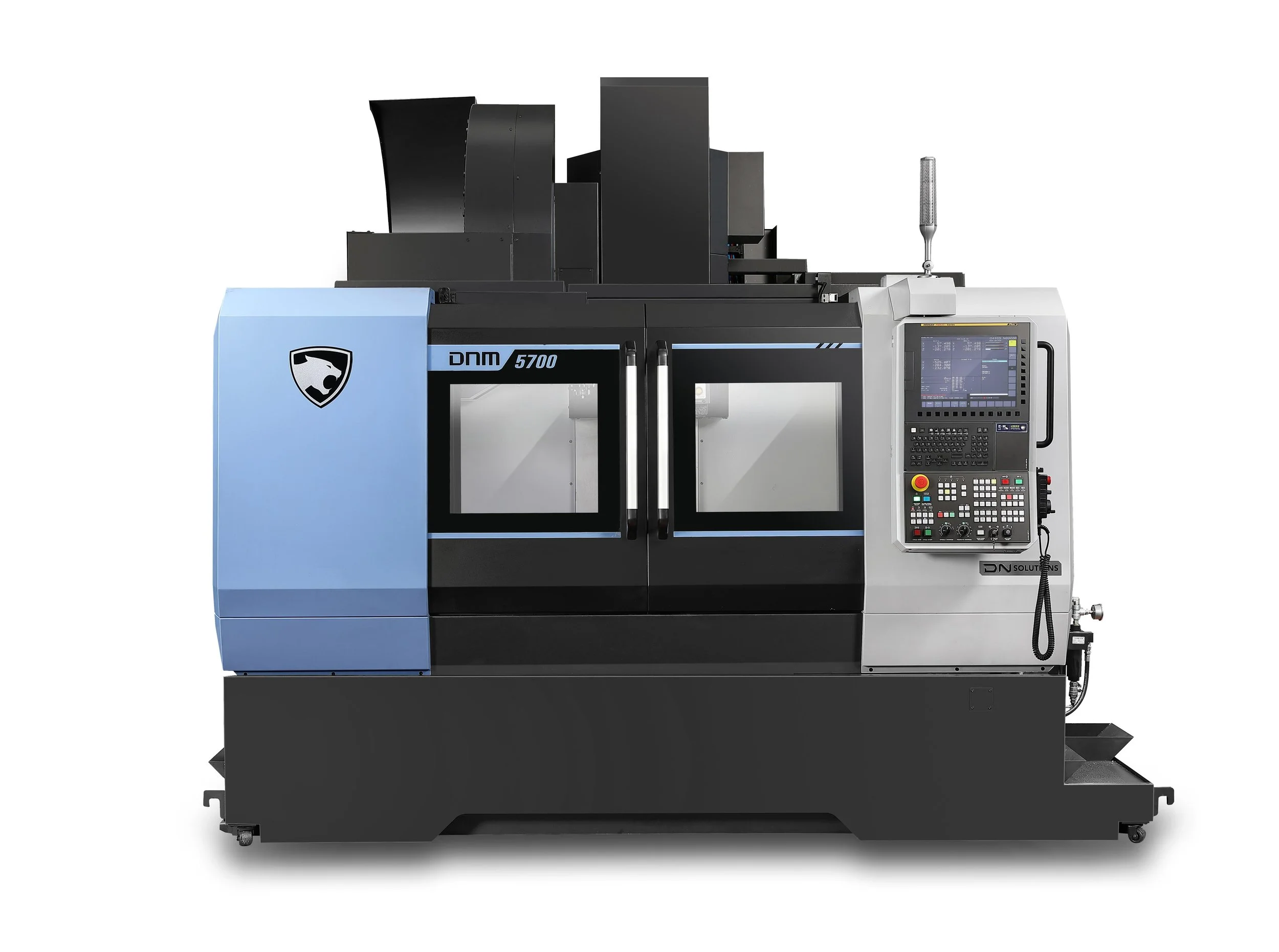 A large, industrial CNC machine with black, gray, and light blue exterior panels, a control panel with a display and buttons on the right side, and a ventilation or exhaust system on top.