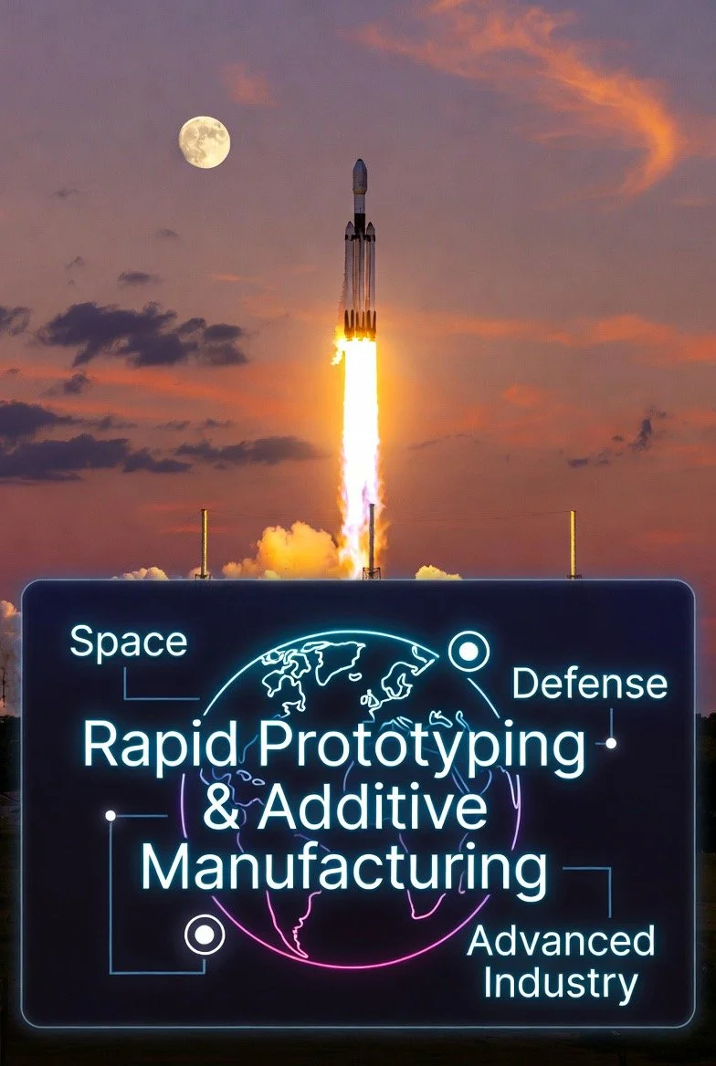 A rocket launching into the sky with the moon visible in the background and a digital sign in front that reads 'Space Defense, Rapid Prototyping & Additive Manufacturing, Advanced Industry'.