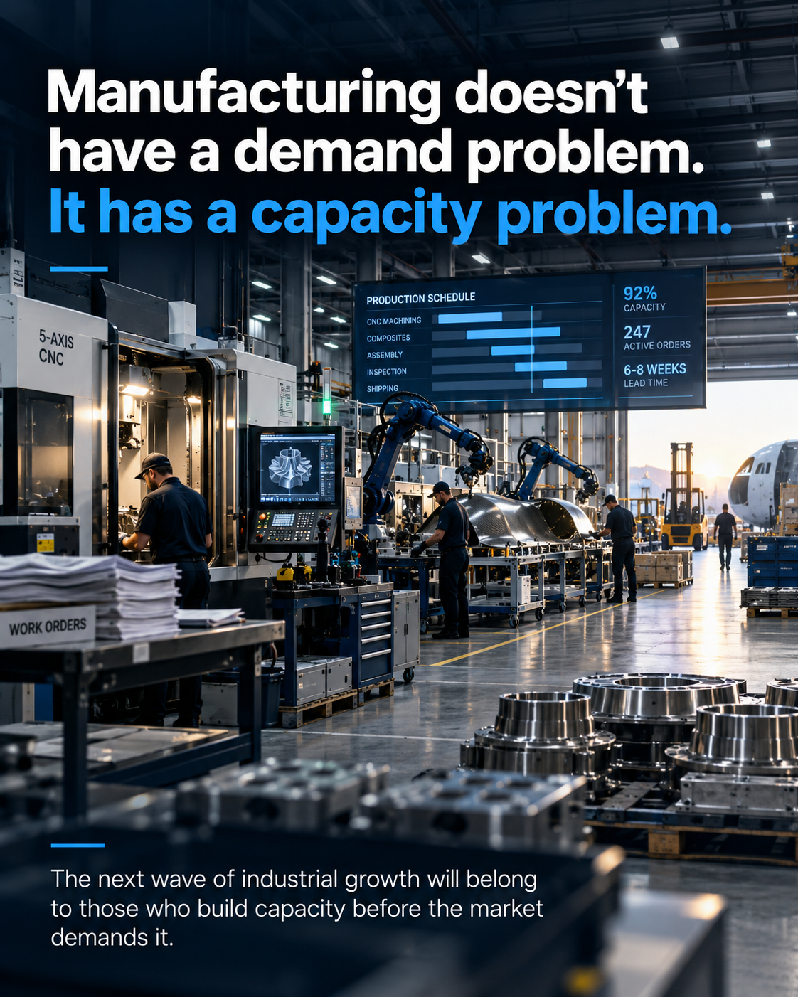 An industrial manufacturing facility with robotic arms working on metal parts, a large digital display showing production data, and workers operating machinery.