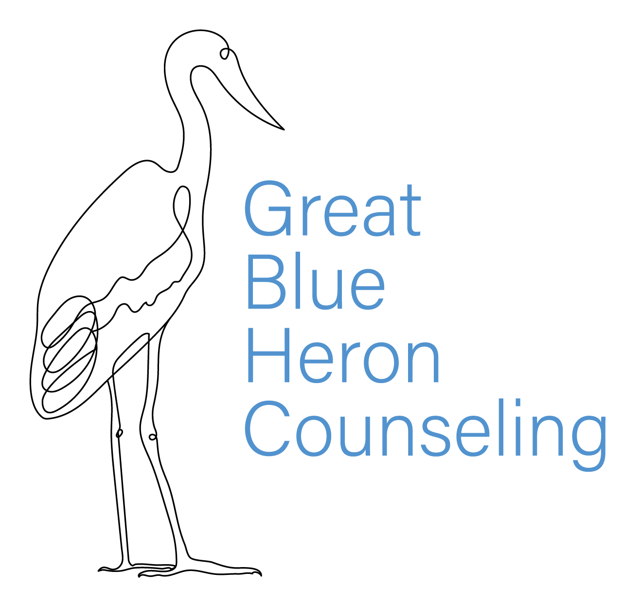 The image contains the words "Great Blue Heron Counseling" in blue text, with a silhouette of a heron bird standing on one leg on the left side