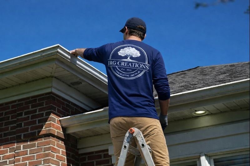 Worker standing on a ladder working on a house's gutters.
