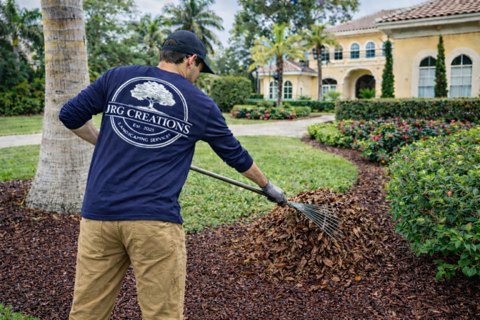 A landscaper raking leaves in a garden with a large house in the background.