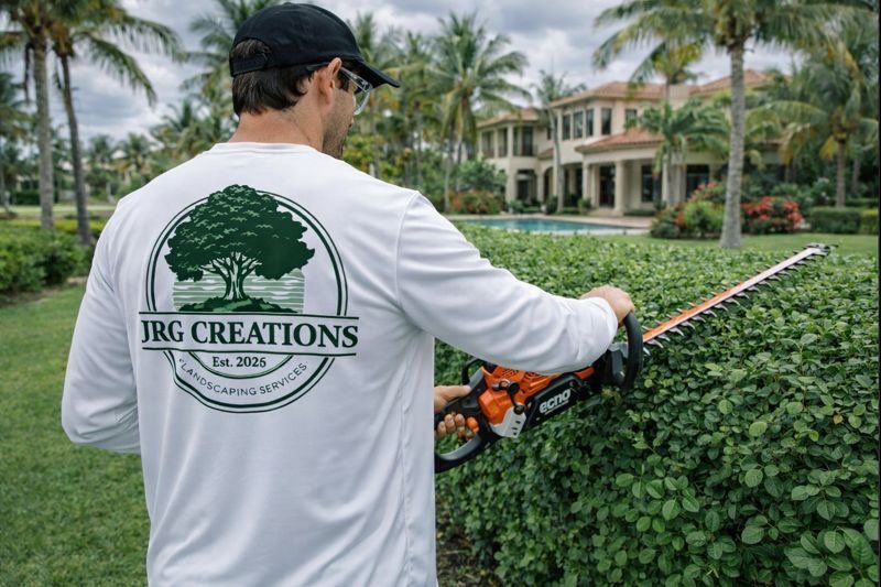 A landscaper trimming a hedge with a hedge trimmer, wearing a white shirt with text that reads "JRG Creations."