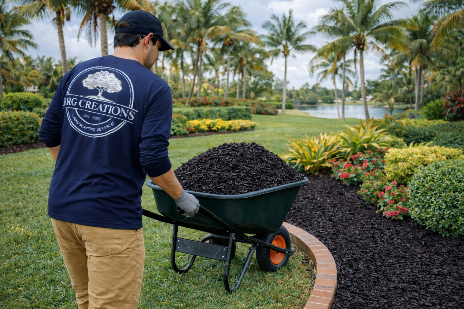 A man wearing a JRG Creations shirt, tan pants, and a cap pushes a wheelbarrow filled with black mulch along a curved brick-edged garden bed in a lush tropical landscape with palm trees and colorful flowers near a body of water.