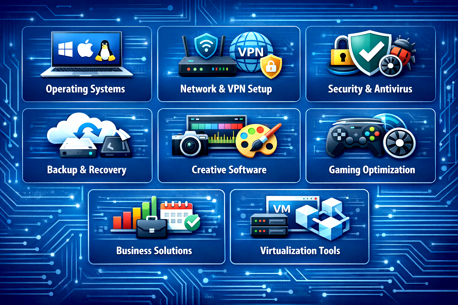 A digital interface showing different technology software categories: Operating Systems, Network & VPN Setup, Security & Antivirus, Backup & Recovery, Creative Software, Gaming Optimization, Business Solutions, Virtualization Tools, with icons representing each.