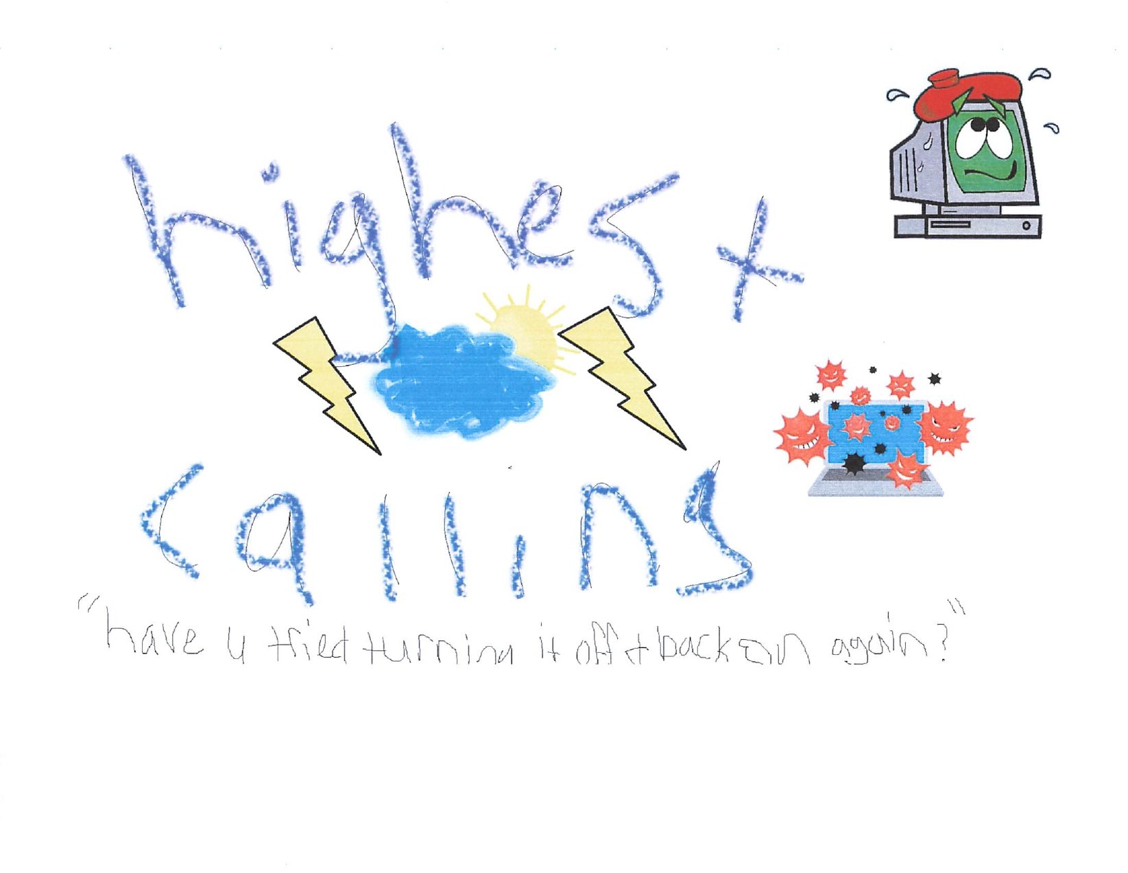 Child's drawing with the words 'hurricanes' and 'caitlin's' written in blue crayon, with a cloud and sun in the center, and illustrations of a computer with sad face, lightning bolts, and a storm of viruses.