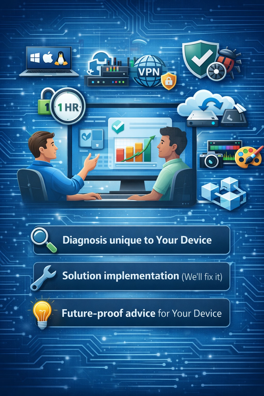 Digital illustration showing two men discussing tech solutions on a computer screen, surrounded by icons representing device diagnosis, security, cloud storage, and technology tools, with a background of digital circuit patterns.