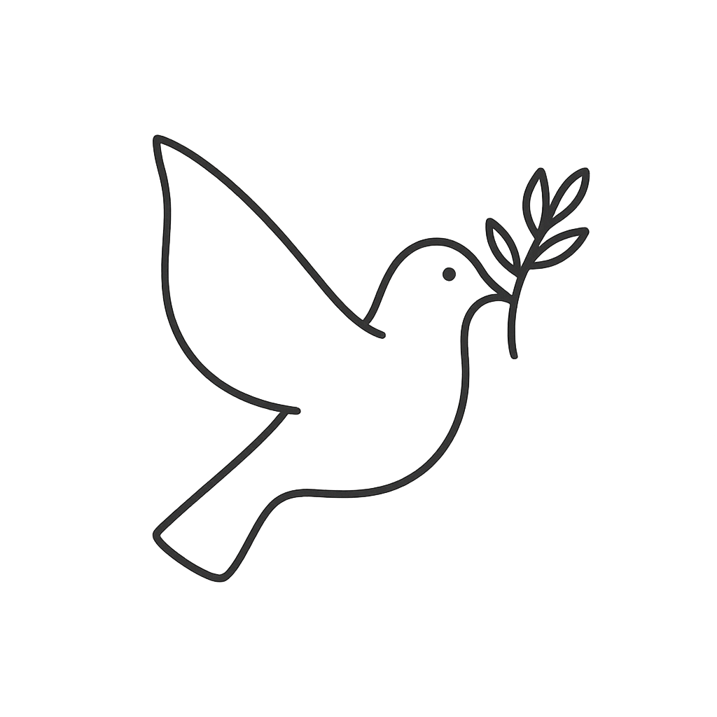 Minimalist line drawing of a bird holding an olive branch in its beak