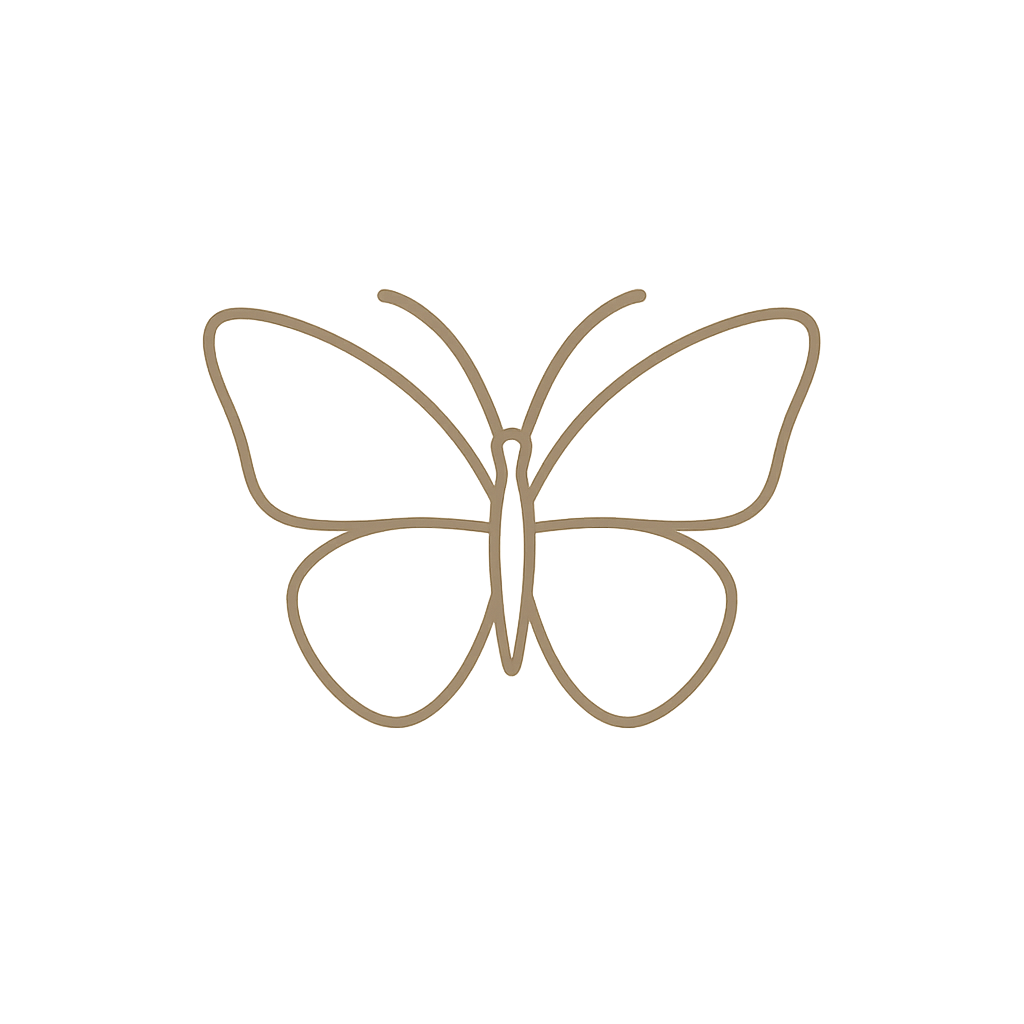 A minimalist line drawing of a butterfly with symmetrical wings.