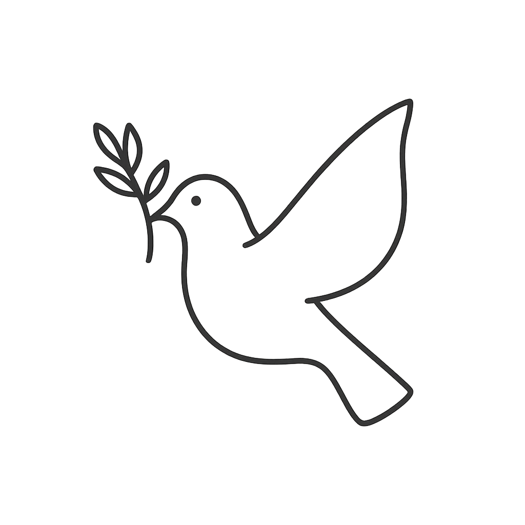 Minimalist line drawing of a bird holding an olive branch in its beak