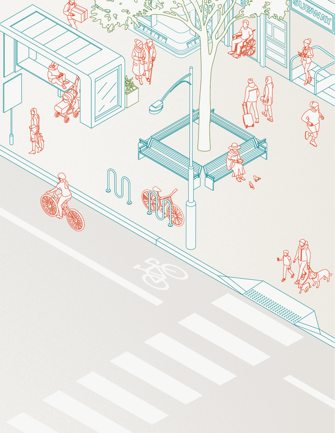 An urban scene showing a sidewalk with pedestrians, some sitting on benches, walking, and cycling. There are bike racks, a pedestrian crosswalk, a bus stop shelter with people inside, and a tree providing shade. The background includes storefronts and a subway entrance.