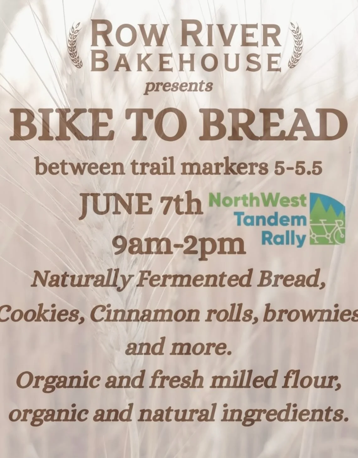 🌞Sunday June 7th, 9-2pm

🚲Take a ride on the Row River Trail and enjoy a break at our bakery trailer. 

🍪Sweet treats, bread and beverages to fuel you up for your ride.

🌲 Enjoy your snacks onsite at one of our tables, or we&rsquo;ll pack it up f