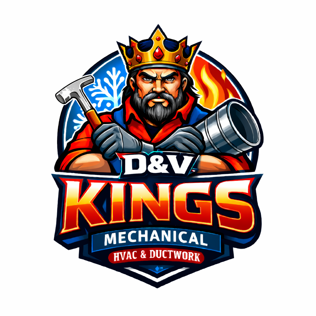 A logo for D&V Kings Mechanical featuring a muscular man with a beard and long hair, wearing a crown, holding a hammer and a pipe, with a background divided into snowflake and flame symbols. The logo includes the text "D&V Kings Mechanical HVAC & Ductwork."