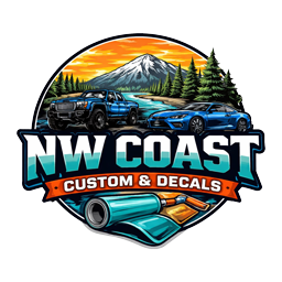 A circular logo featuring mountains, a sunset, pine trees, two cars, and custom decals with the text 'NW Coast Custom & Decals'.