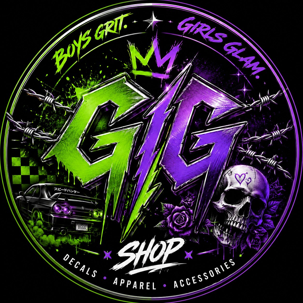 A neon-themed graphic with the word GID in large stylized green and purple letters, surrounded by barbed wire, graffiti splatters, and a car. The image also features skulls, roses, and slogan phrases like 'Boys Grit' and 'Girls Glam,' with the words 'Shop,' 'Decals,' 'Apparel,' and 'Accessories' at the bottom.