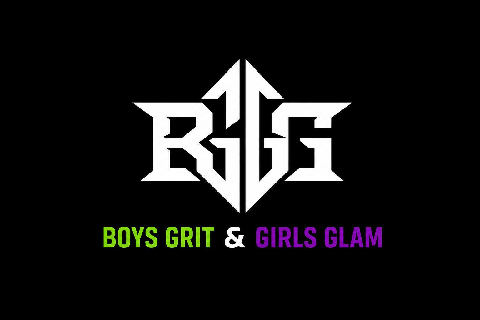 Black background with a white geometric logo in the center and the text 'BOYS GRIT & GIRLS GLAM' below in green and purple colors.