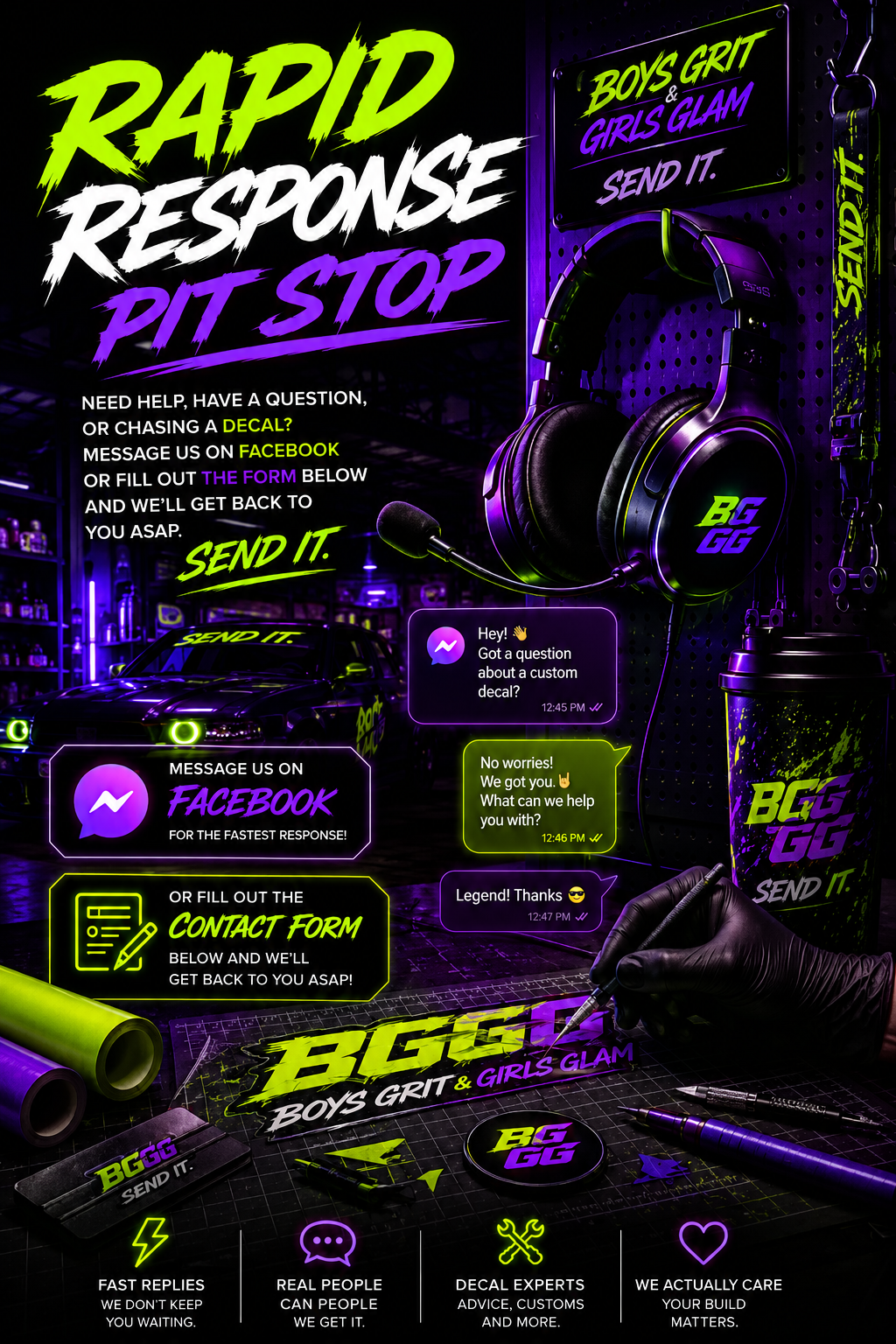Bright neon-colored promotional display for a decal and custom sticker service featuring a car, headphones, and neon signs with text such as 'Rapid Response, Pit Stop,' 'Boys Grit & Girls Glam Send It,' and instructions to contact via Facebook or fill out a form, with chat messages and decorative design elements.