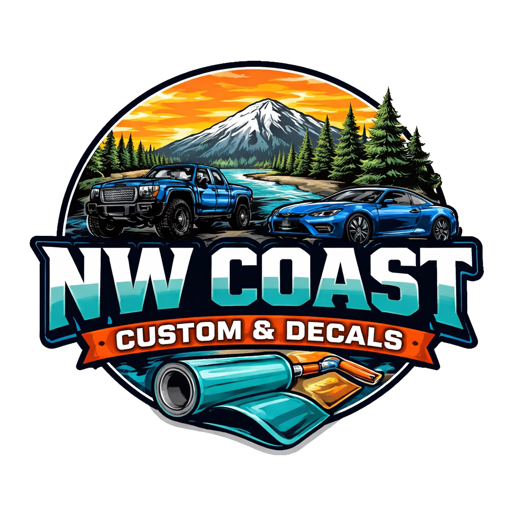 Logo for NW Coast Custom & Decals featuring a mountain, pine trees, a river, a blue truck, a blue sports car, and decal tools.