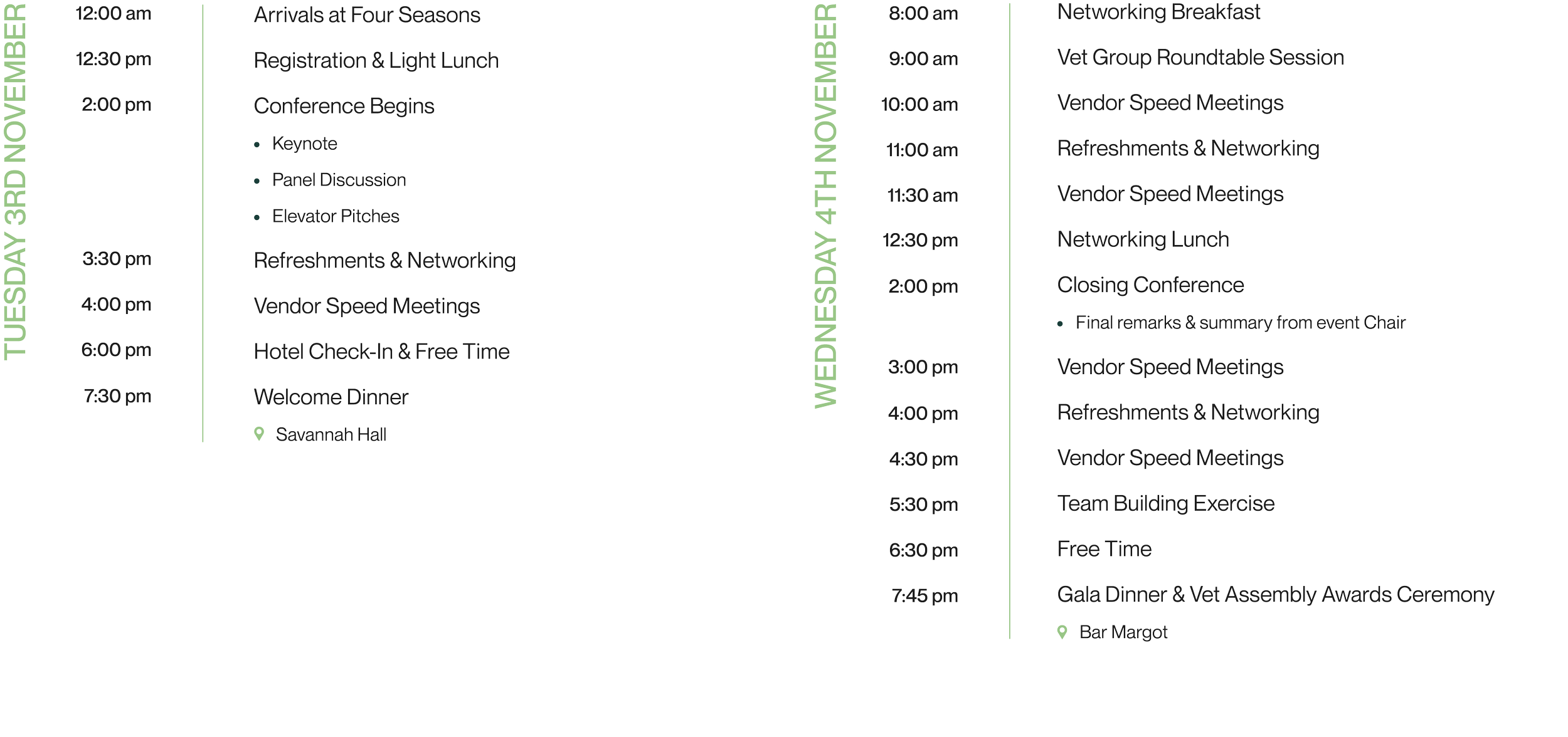 Conference schedule with times and events for a veterinary conference on November 3rd. Events include arrivals, registration, keynote, panel discussion, elevator pitches, networking, vendor meetings, hotel check-in, welcome dinner, and awards ceremony at Bar Margot.