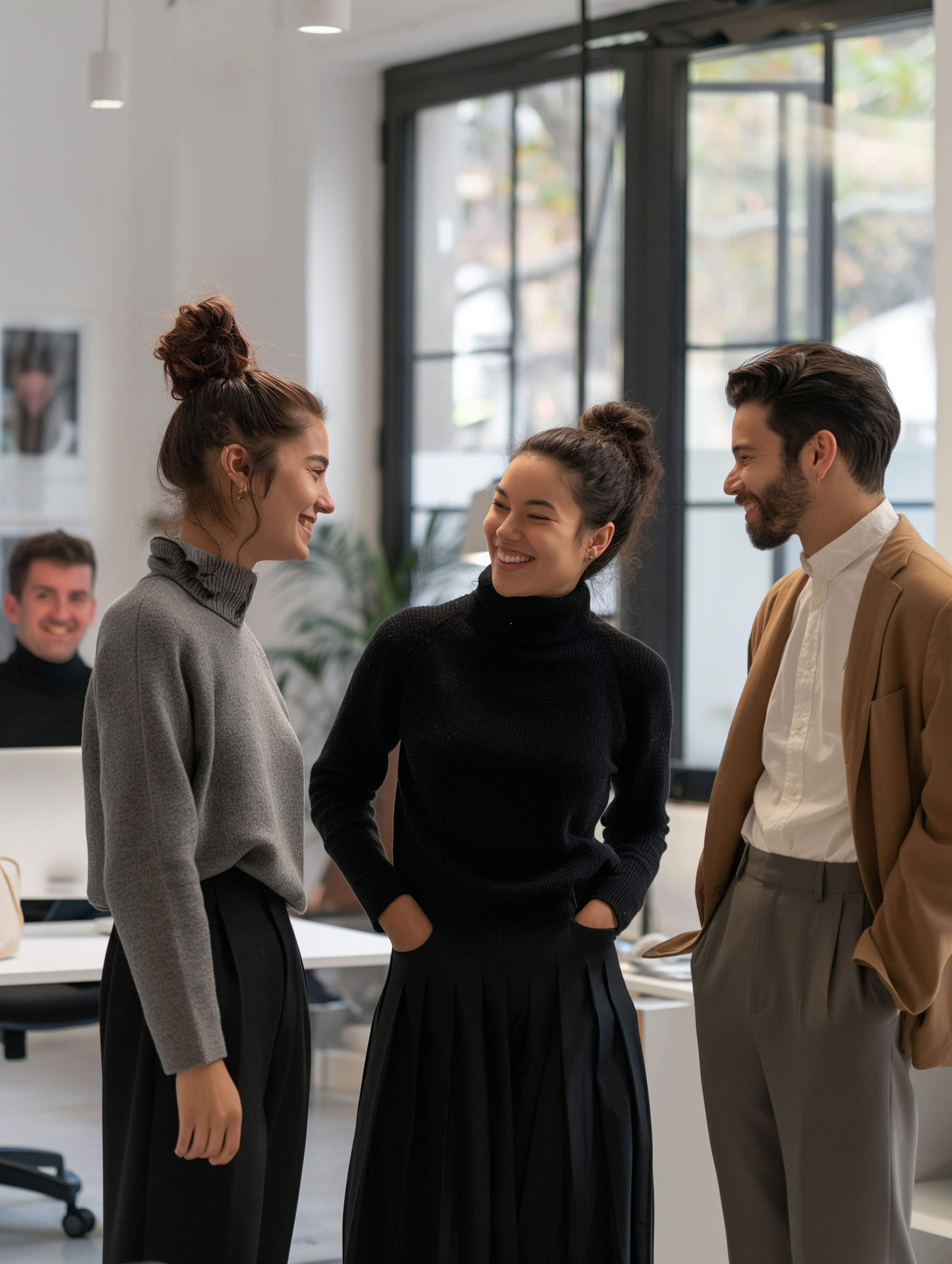 Three young professionals, two women and one man, are smiling and talking in an office with large windows and a person working at a desk in the background.