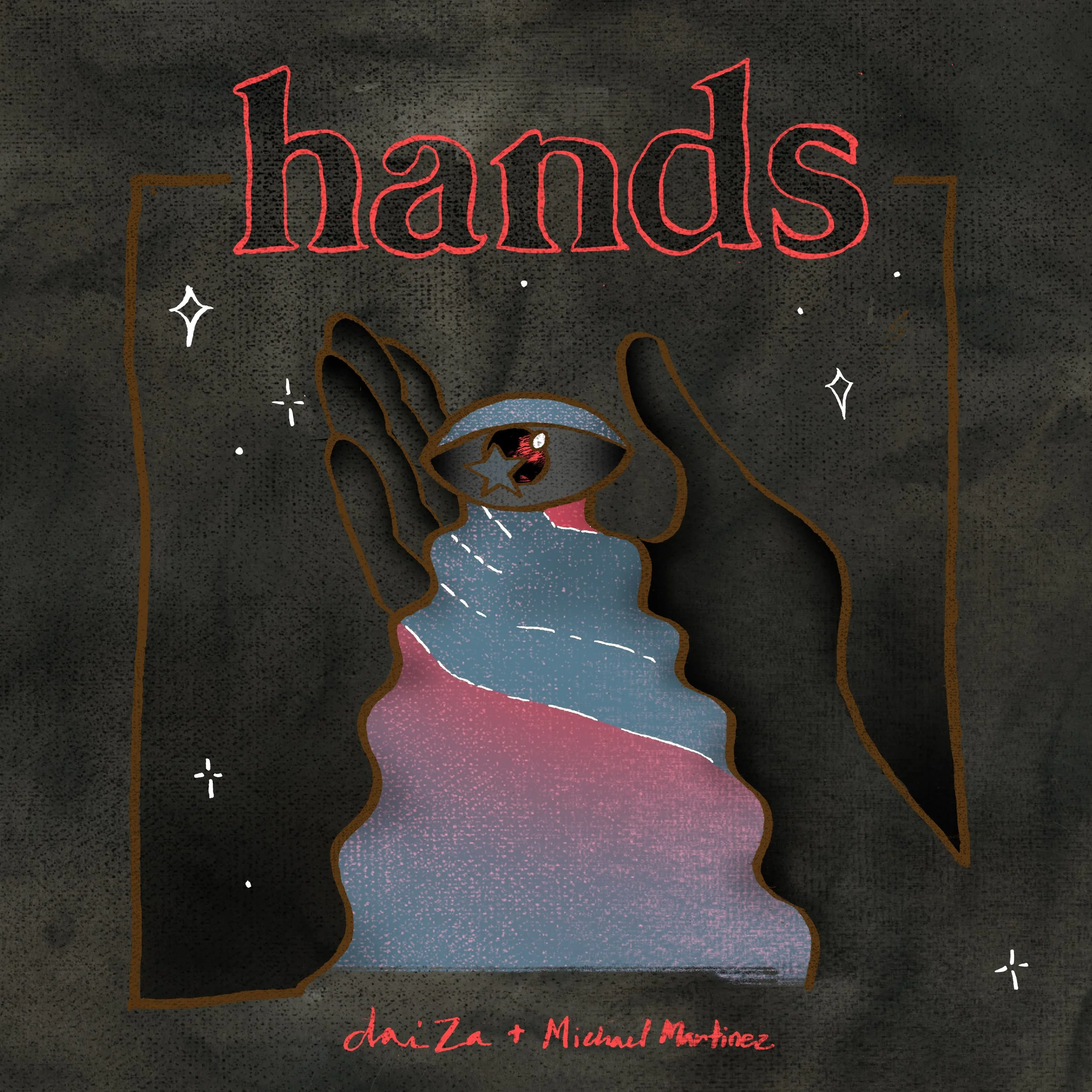 A dark-colored book cover with the word 'hands' written in red neon-style text at the top, and a small illustration of a hand holding a star-shaped object in the center. The authors' names, Dilia + Micael Martinez, are written in red at the bottom.
