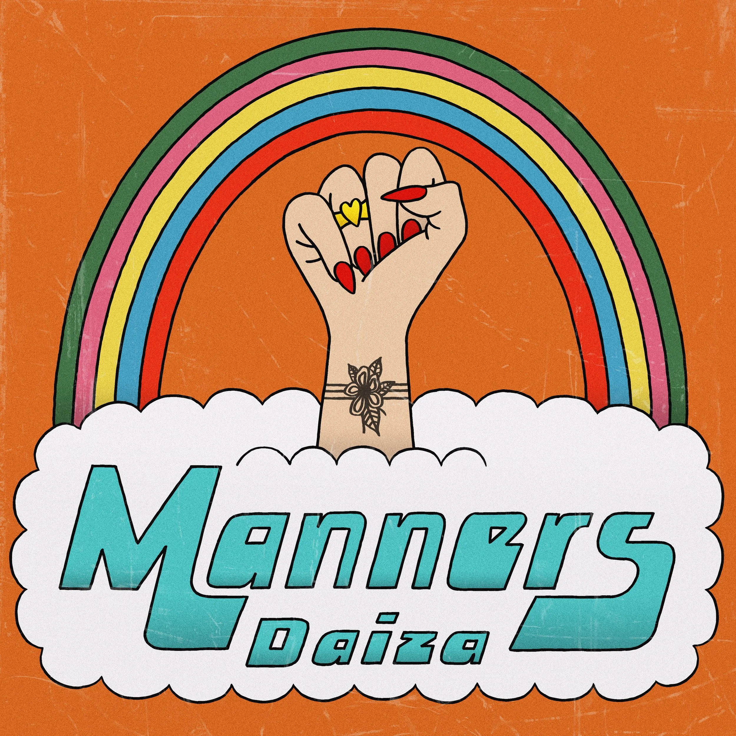 A colorful graphic of a hand with red nails and a tattoo on the wrist, holding a yellow heart ring, set against a rainbow with multiple colors on an orange background.
