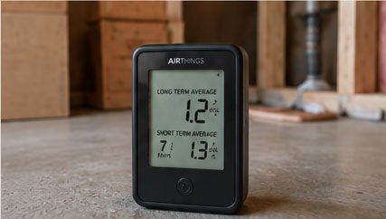 Digital air quality monitor displaying temperature, humidity, and air quality metrics on a concrete surface with wooden background.
