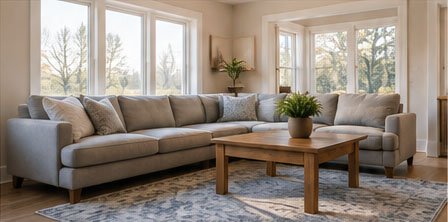 Bright living room with large windows, a gray sectional sofa, a wooden coffee table, and a potted plant, with trees visible outside.