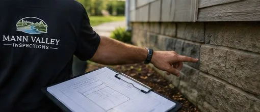 Person inspecting the exterior of a building, pointing at the wall, wearing a Mann Valley Inspections shirt, holding a clipboard with paperwork.