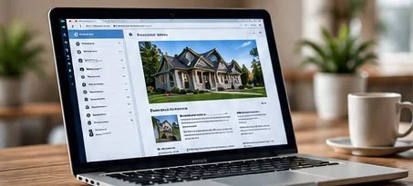 A laptop on a wooden table displaying a real estate website with an image of a house, flanked by two potted plants and a white mug.