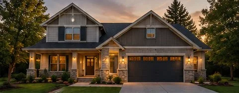 Front view of a two-story house with a stone and gray siding exterior, illuminated in the evening, with a driveway and surrounding trees.