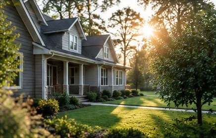 Sunset shining over a suburban house with a well-maintained front yard and trees.