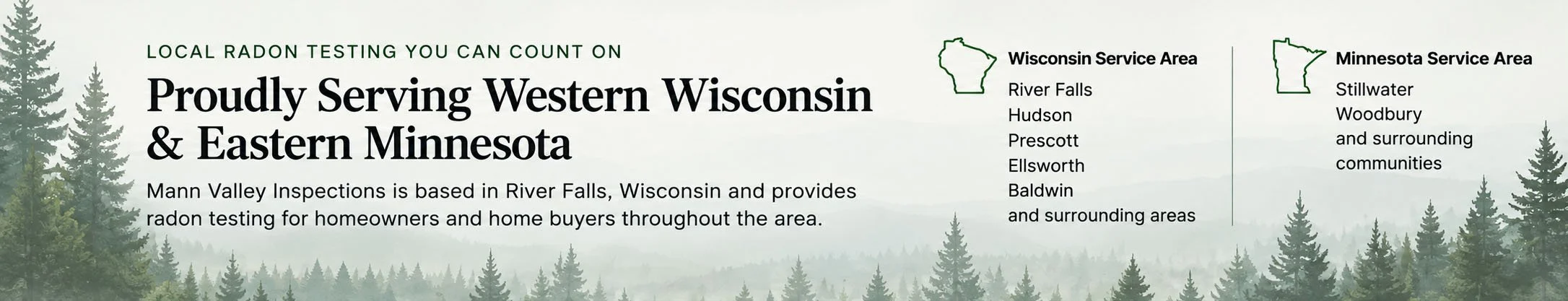 Map and list showing Wisconsin Service Areas in Wisconsin, and Minnesota Service Area in Minnesota. Text indicates Mann Valley Inspections provides radon testing in Western Wisconsin and Eastern Minnesota.