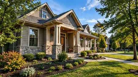 A large, well-maintained house with a front porch, surrounded by a landscaped lawn with trees and shrubs, under a clear blue sky.