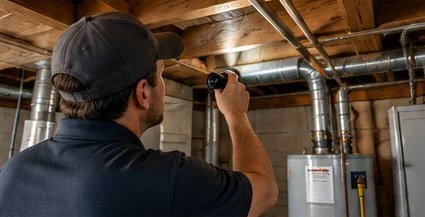 A man in a black cap inspecting equipment in an industrial setting with pipes and a boiler.