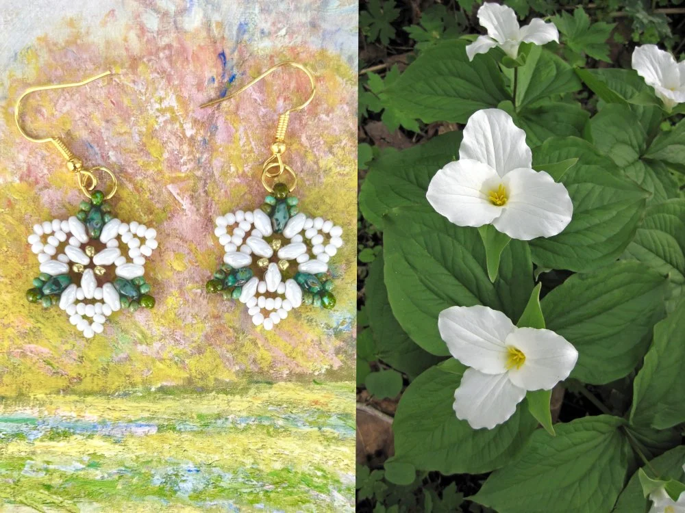 Side-by-side cimparison of beaded trillium earrings by lovely day crafts, and two trillium flowers and their folliage.