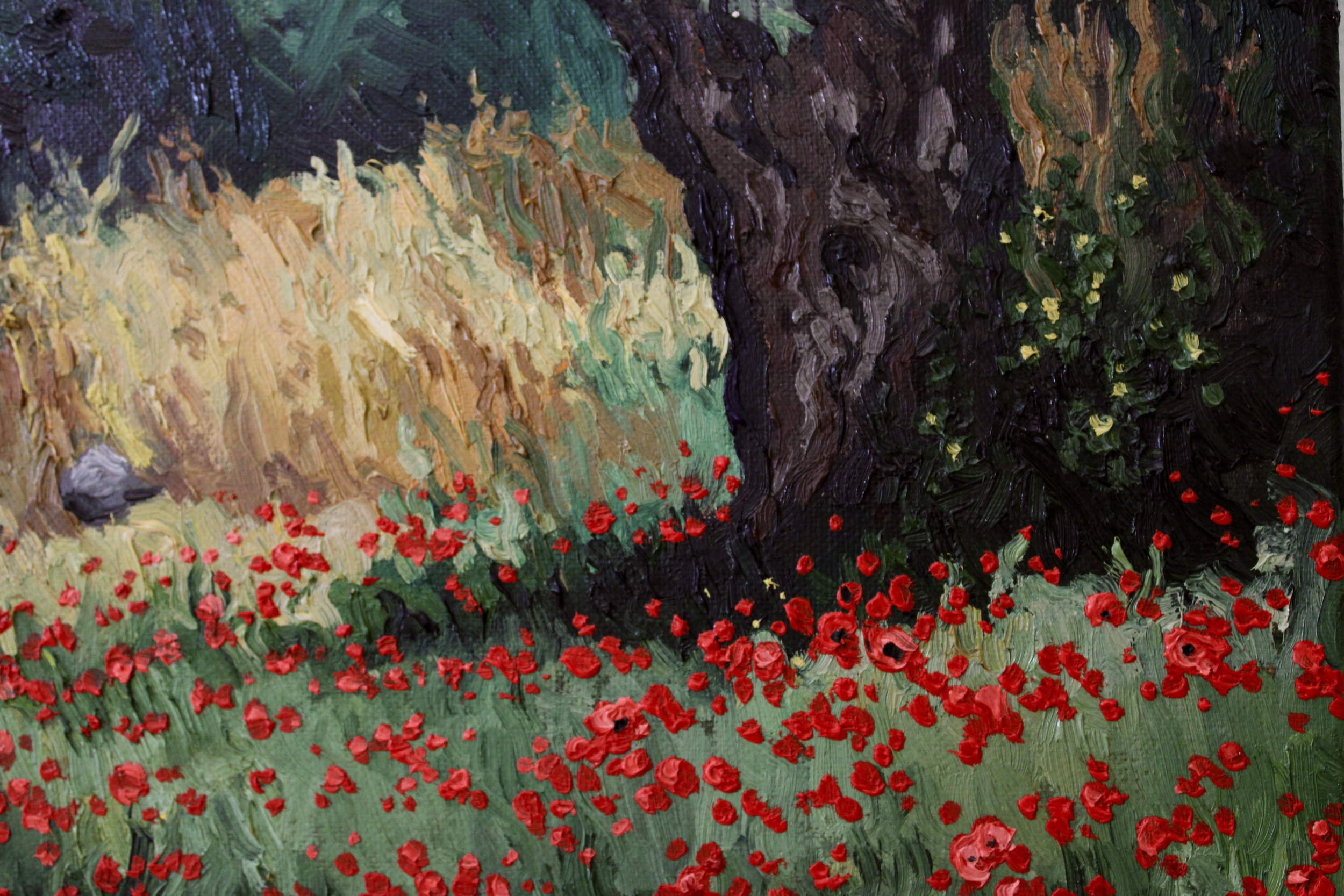 Detail view of the painting which emphasizes the tree bark.