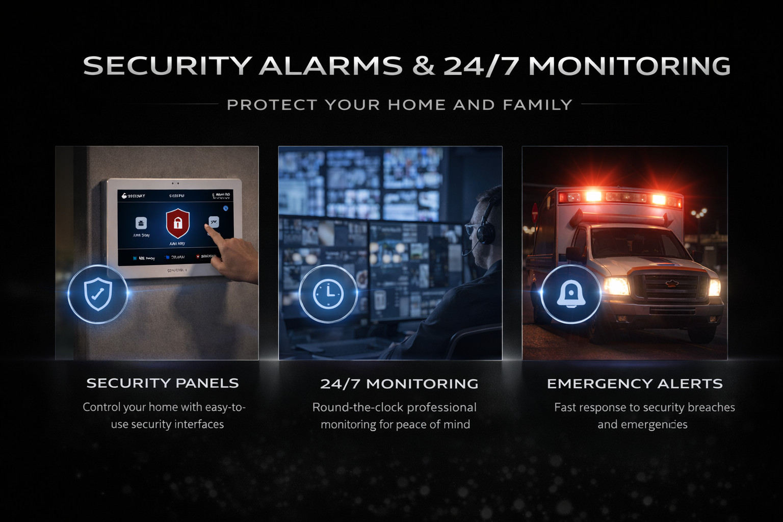 A promotional graphic for security services featuring three sections: a security panel with a finger pressing a button, a security monitoring room with a worker looking at multiple screens, and an emergency vehicle with flashing lights. The sections are labeled 'Security Panels,' '24/7 Monitoring,' and 'Emergency Alerts,' highlighting features like home control, professional monitoring, and rapid response to security breaches.