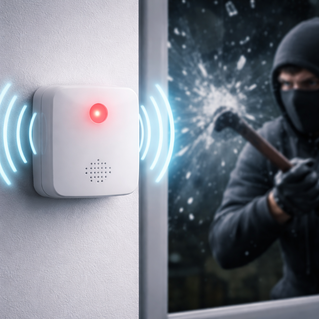 Glass break detection sensor triggering alarm system during attempted break-in