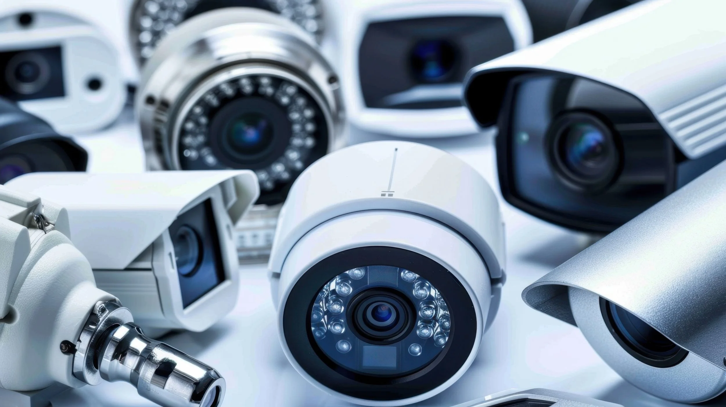 A collection of various surveillance cameras, including bullet, dome, and PTZ types, arranged on a white surface.