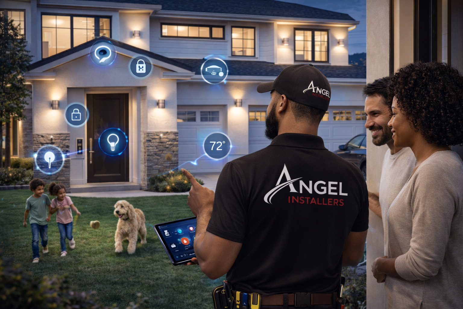 A home security technician, wearing a shirt and cap with the 'Angel Installers' logo, talks to a couple in their yard, while a smart home security system with icons for locks, lights, and temperature is overlaid in the image.
