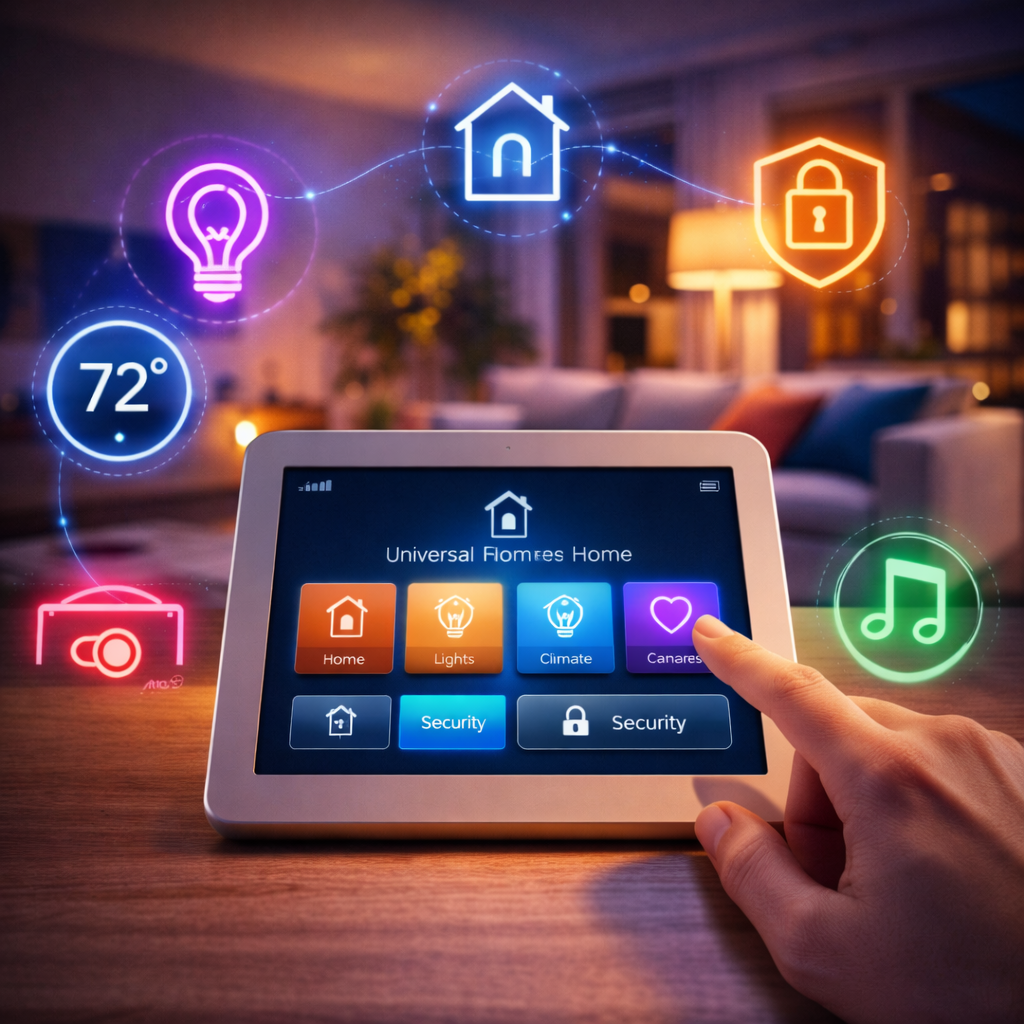 Smart home touchscreen control panel with icons for home automation functions, surrounded by digital symbols representing temperature, lighting, security, climate, and music in a modern living room.