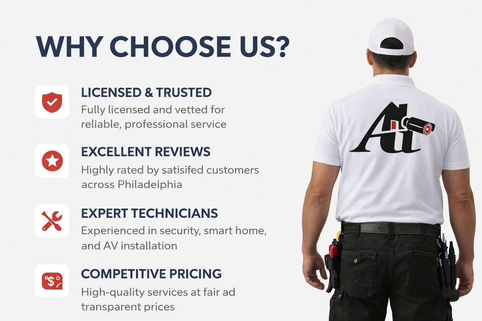 Why Choose Angel Installers graphic showing installer in white polo and black work pants with service benefits