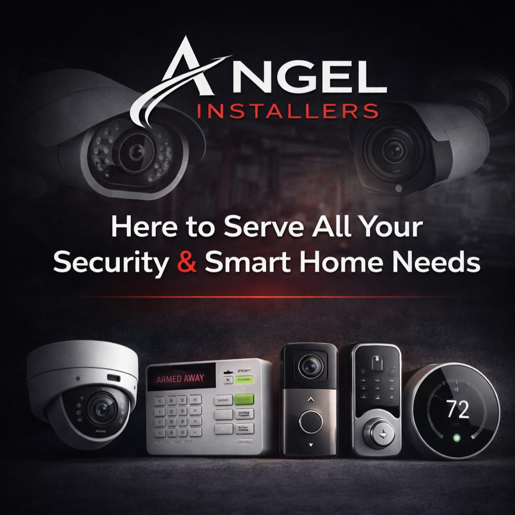Advertisement for Angel Installers featuring security cameras and smart home devices with the tagline 'Here to Serve All Your Security & Smart Home Needs'.