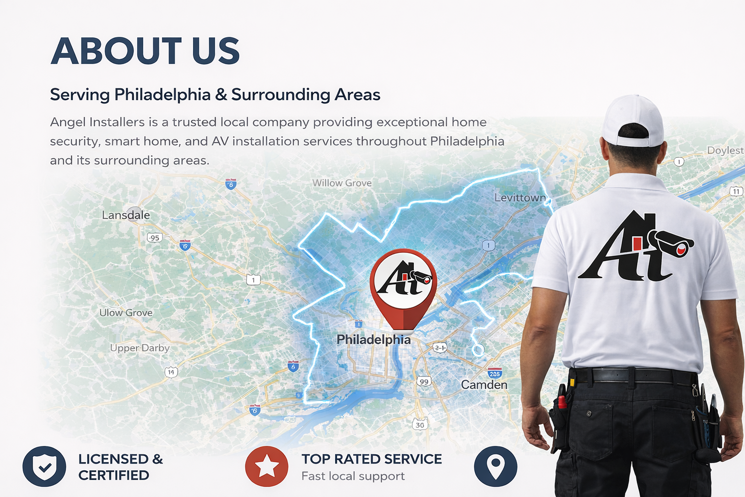 Why Choose Angel Installers graphic showing installer in white polo and black work pants with service benefits