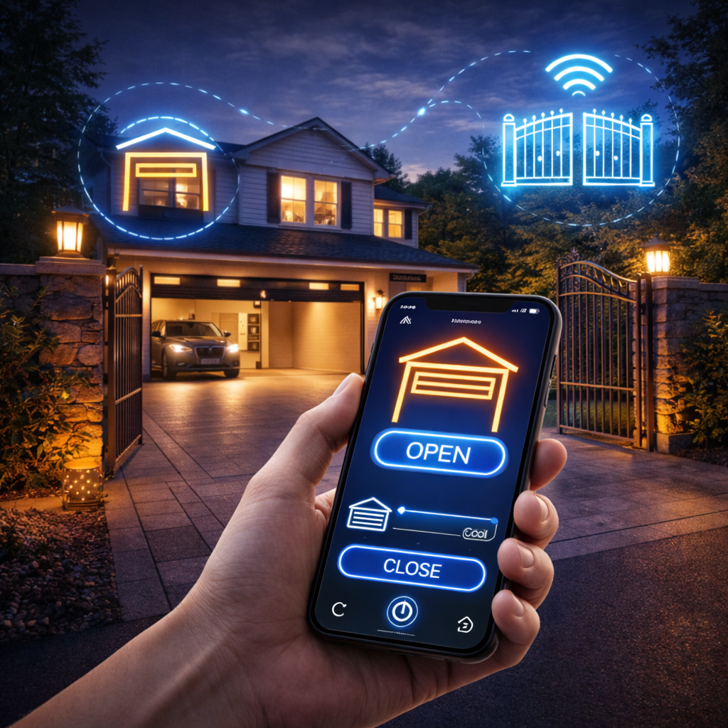 A person holding a smartphone with a smart garage door control app open, displaying options to open or close the garage. The background shows a lit house with an open garage revealing a car inside, and digital icons representing remote garage access and Wi-Fi signals are overlaid in the sky.