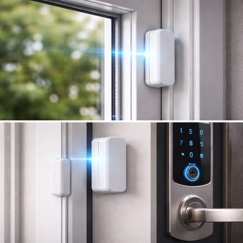 Door and window alarm sensors installed to protect entry points