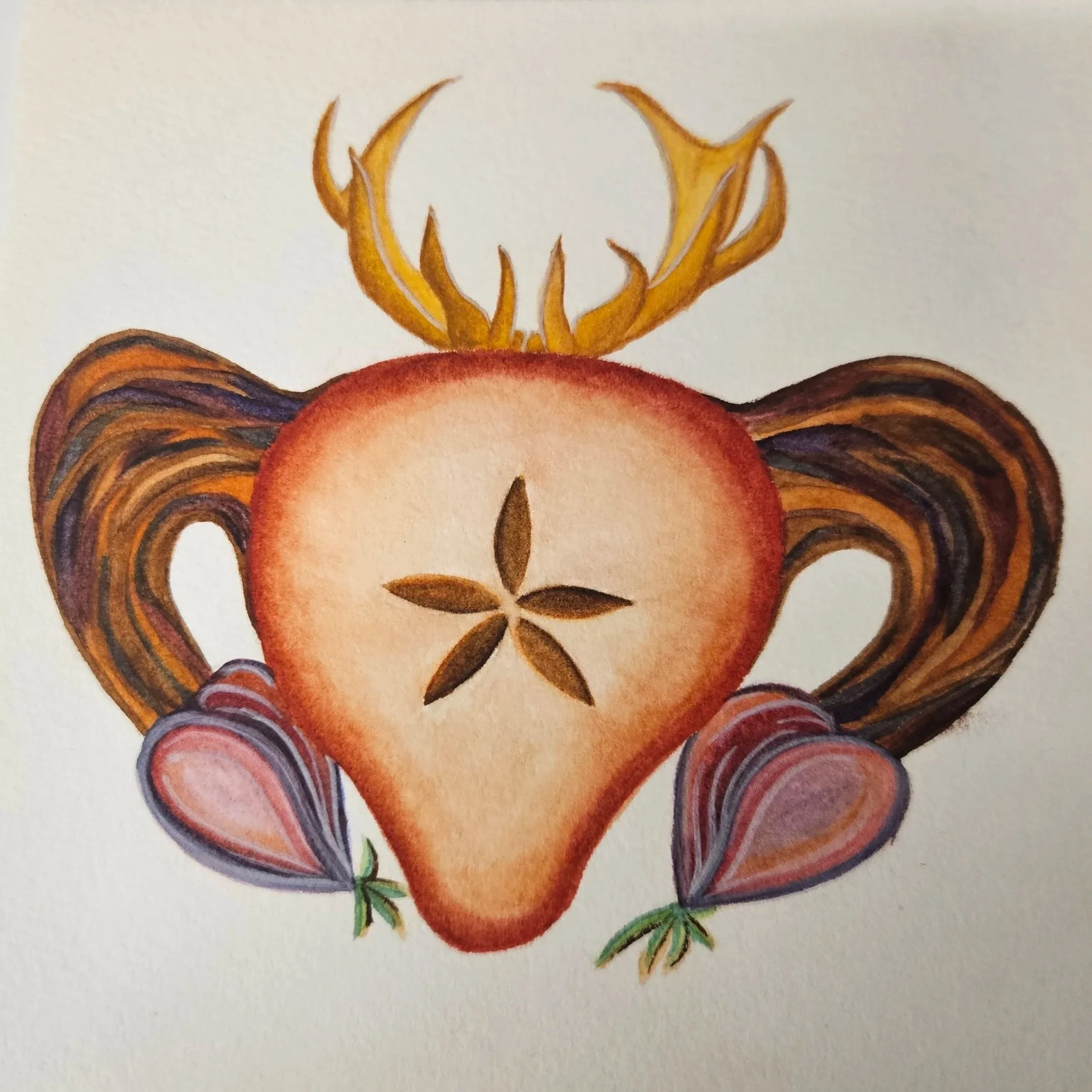 A watercolor painting of a decorative apple slice with a star-shaped seed pattern in the center, surrounded by stylized leaves and flames at the top.